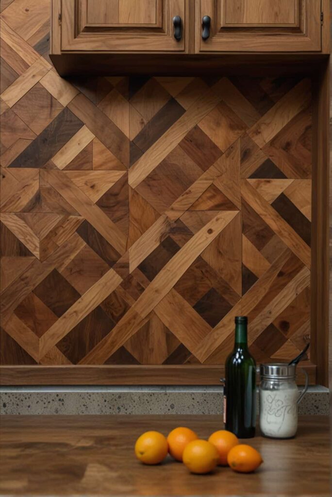 A stunning diamond pattern kitchen wood backsplash with intricate details and a rustic feel