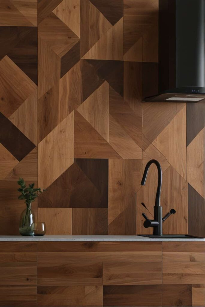 A stunning geometric pattern kitchen wood backsplash rendered in a sleek and modern style