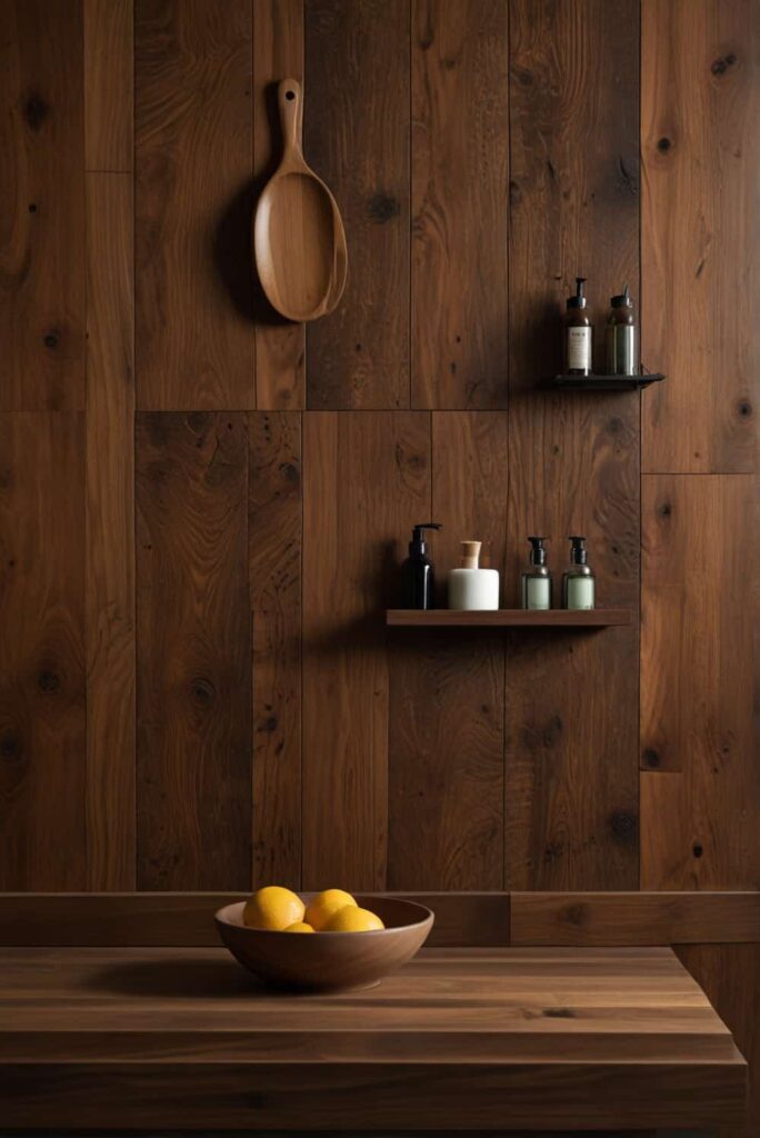 A stunning wood backsplash that features intricate patterns and textures