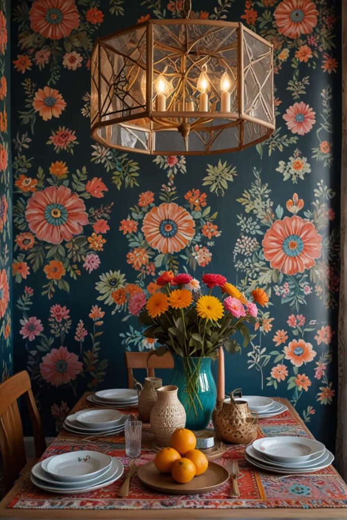 Boho Dining Room Decor Ideas pattern play geometric floral fantasy mix 2