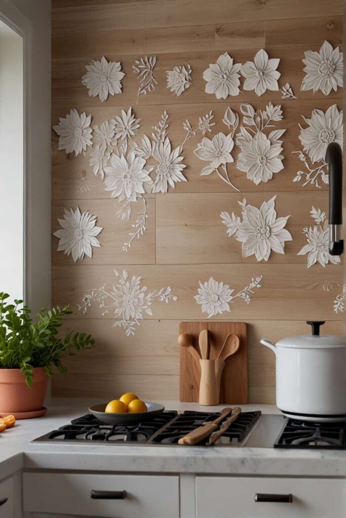 Bring the outdoors in with a stunning nature inspired kitchen backsplash made of whitewashed wood