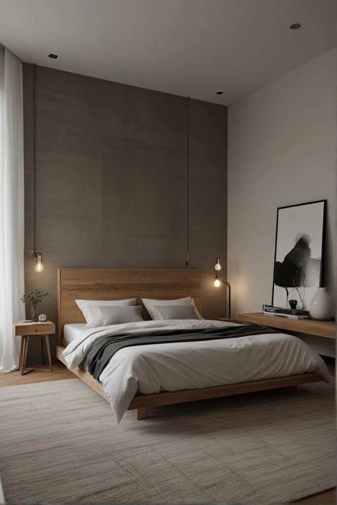 Minimalist Bedroom Ideas incorporate varied textures without overwhelming senses