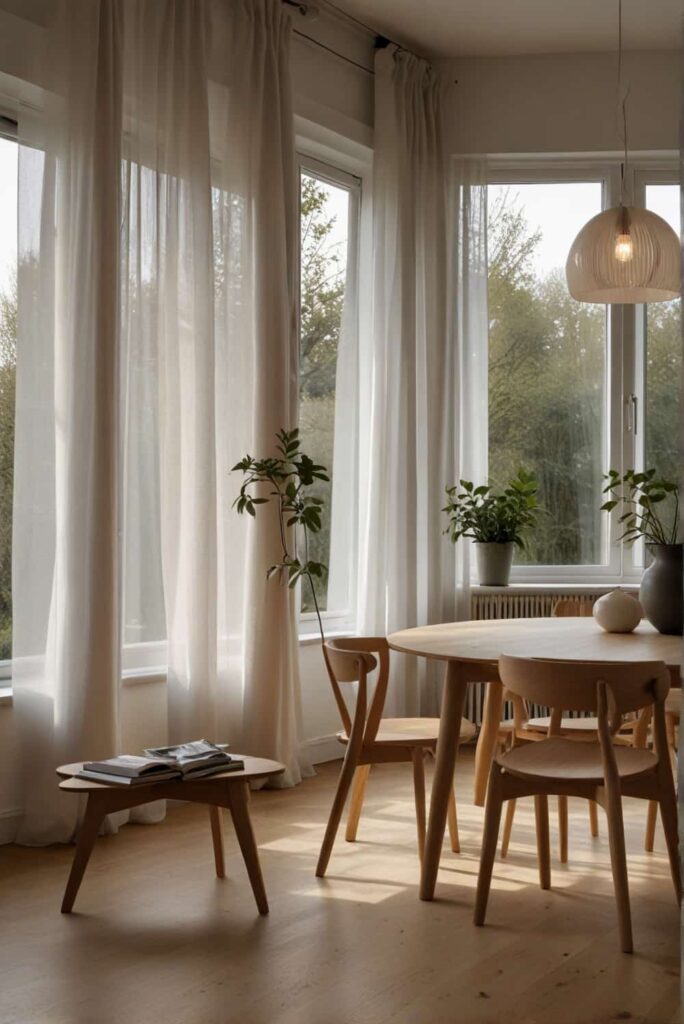 Scandinavian Dining Room Ideas natural light sheer curtains spacious warmth 2