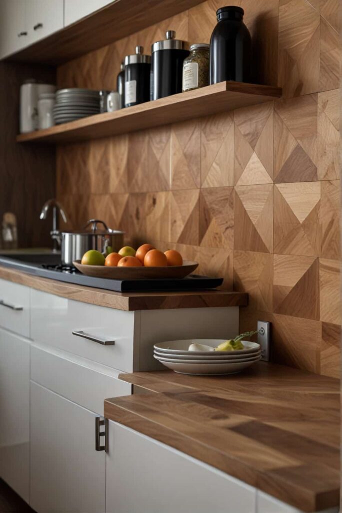 a diamond pattern kitchen wood backsplash with a modern twist