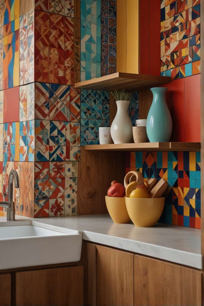 a vibrant and contrasting color wood kitchen backsplash