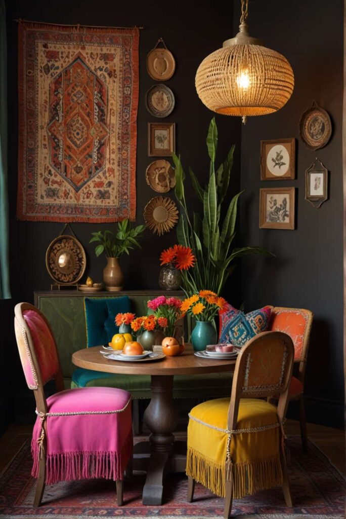 boho dining chair ideas eclectic ensemble vibrant dining setup 1