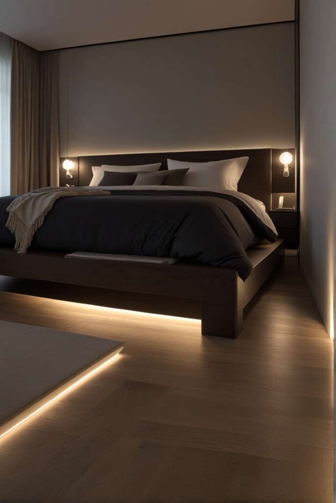 minimalist bedroom ideas sleek floor lights under the bed 1