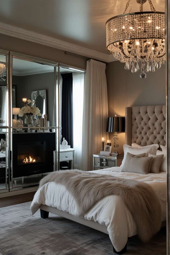modern glam bedroom ideas mirrored furniture crystal chandeliers sparkle 1