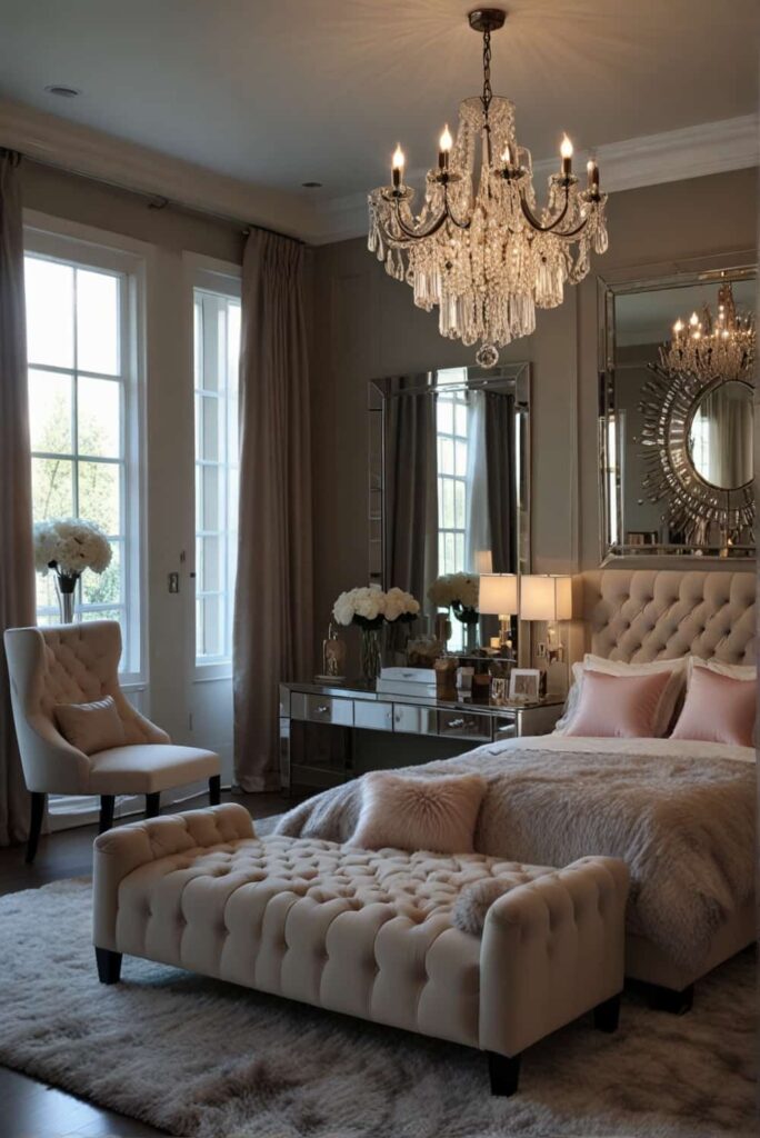 modern glam bedroom ideas mirrored furniture crystal chandeliers sparkle 2