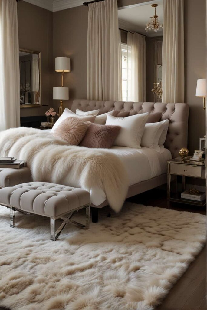 modern glam bedroom ideas plush rugs silk pillows elegance 1