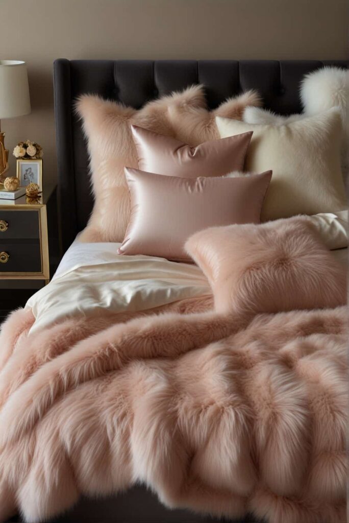 modern glam bedroom ideas satin sheets faux fur layers 2