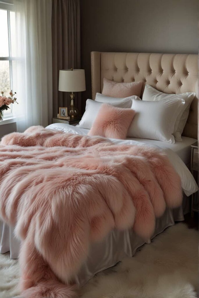 modern glam bedroom ideas satin sheets faux fur layers