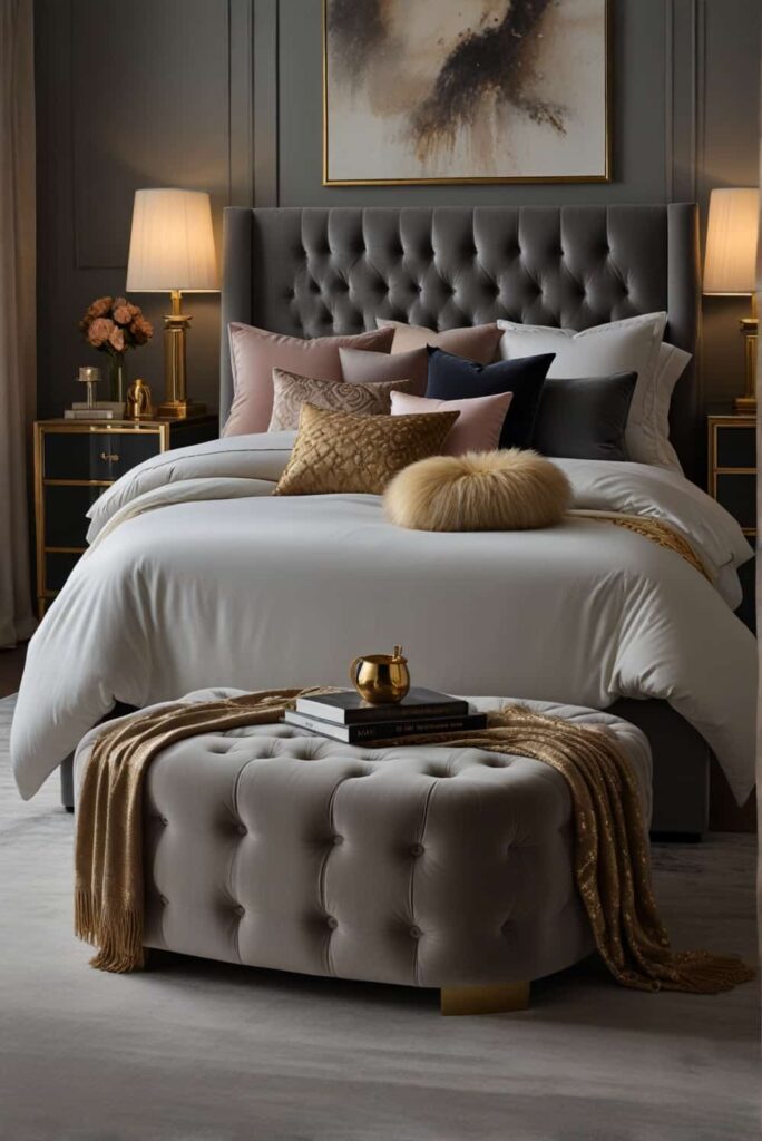 modern glam bedroom ideas velvet ottoman metallic whispers accents light catch 2