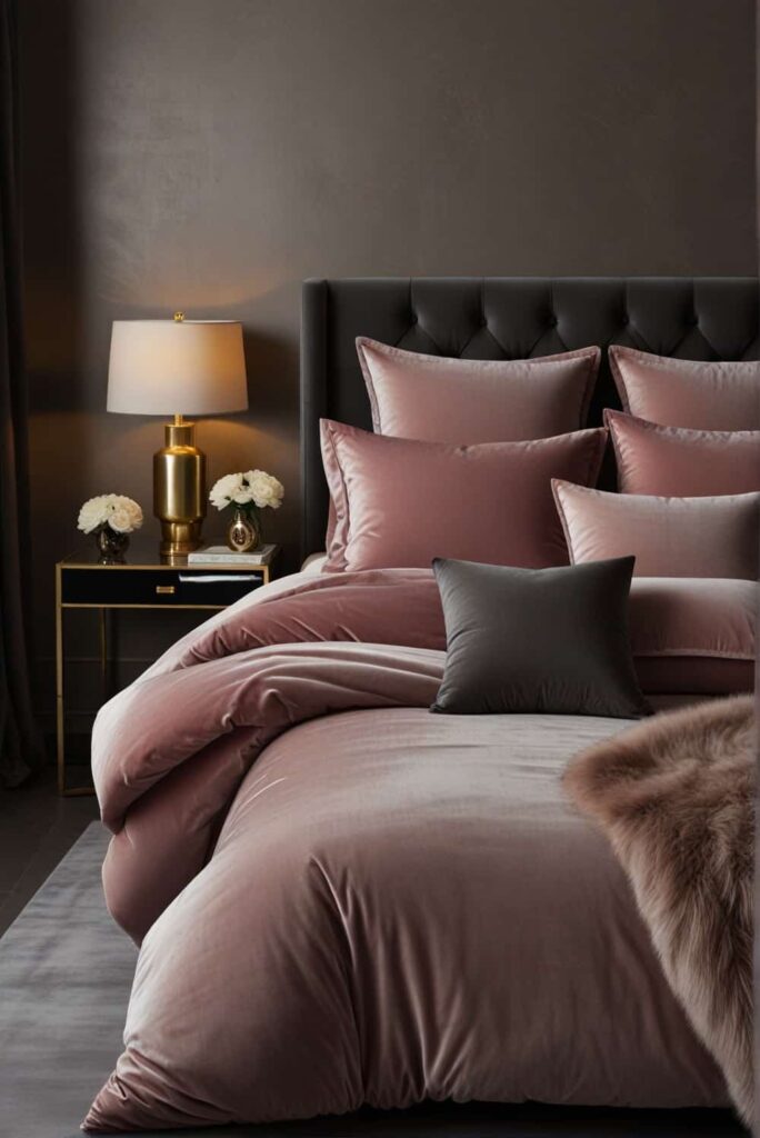 modern glam bedroom ideas with contrast velvet duvets 1