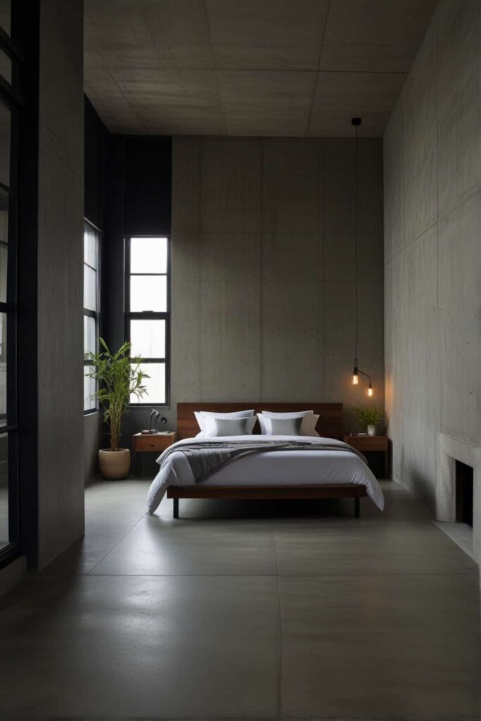urban industrial bedroom ideas concrete floors sleek contrast touch 1