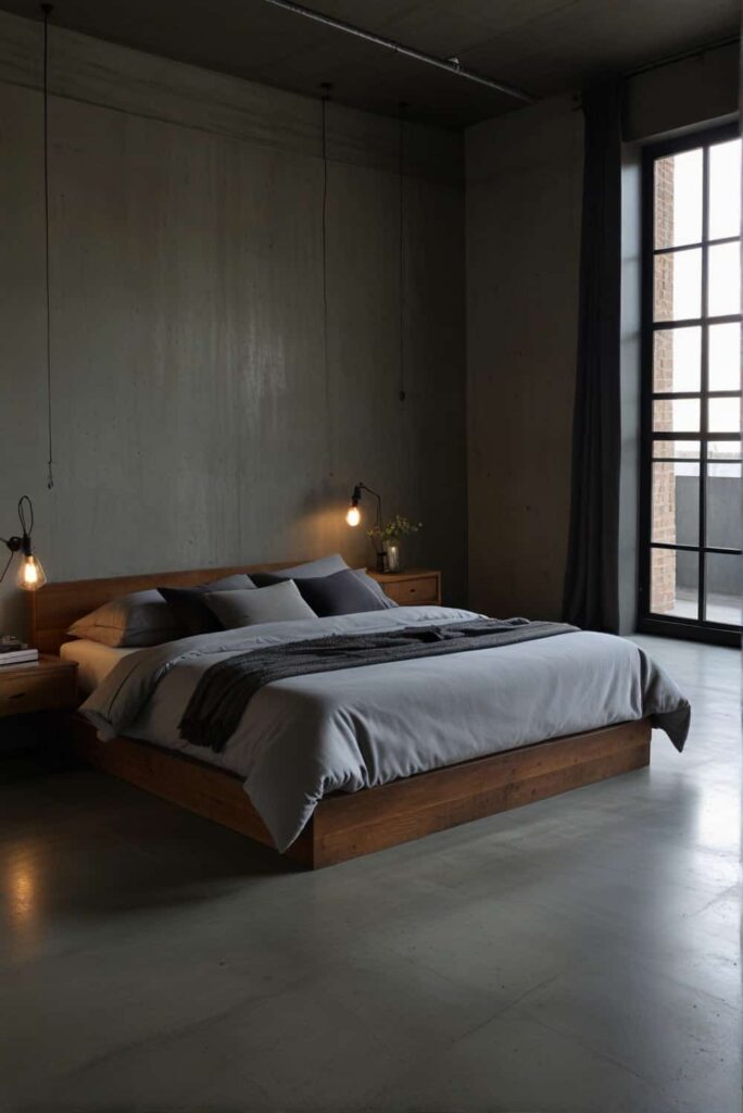 urban industrial bedroom ideas concrete floors sleek contrast touch 3