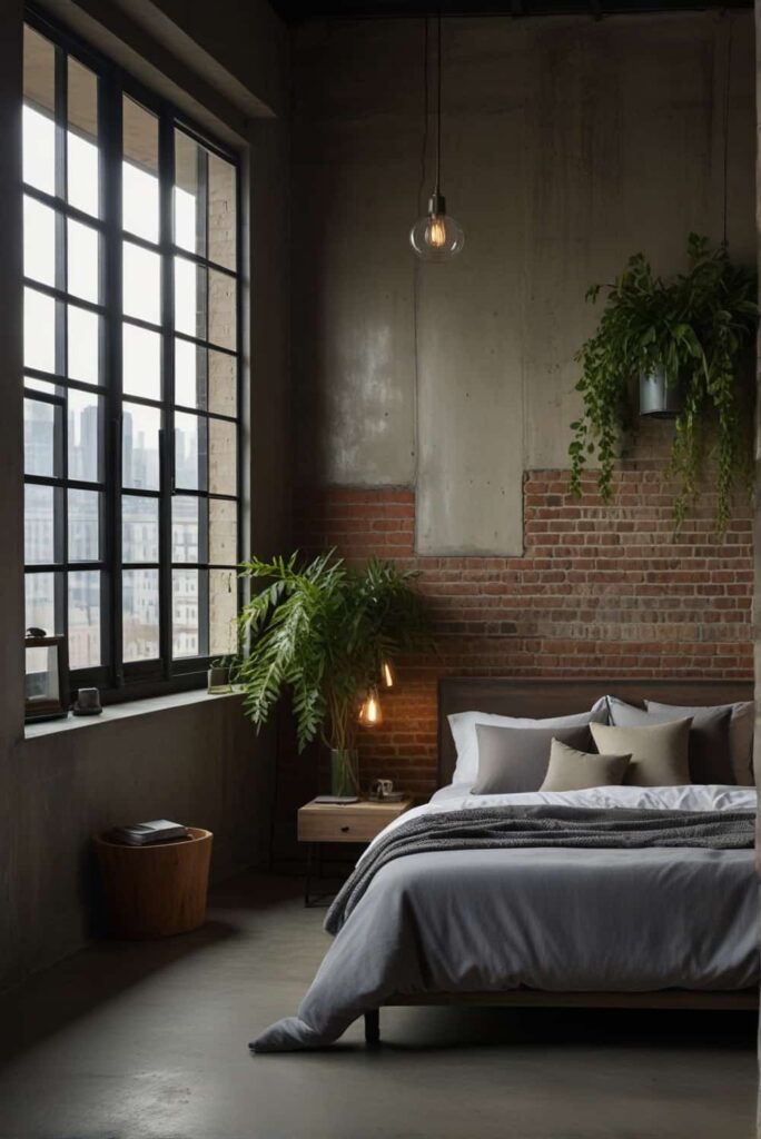 urban industrial bedroom ideas greenery breathes life steel stone 2
