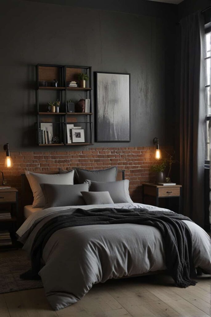 urban industrial bedroom ideas mix metal brick soft throws 1