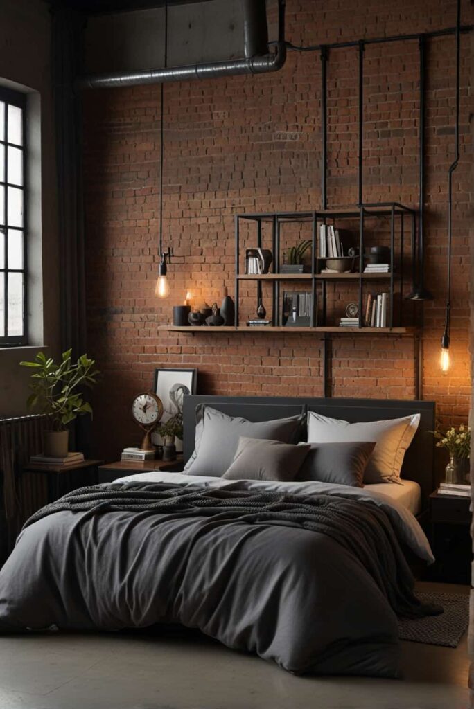 urban industrial bedroom ideas mix metal brick soft throws 2